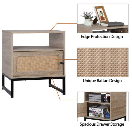 Segawe Rattan Nightstand Set of 2 End Table with Storage for Bedroom or Living Room Oak