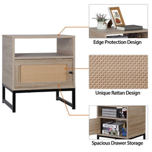 Segawe Rattan Nightstand Set of 2 End Table with Storage for Bedroom or Living Room Oak