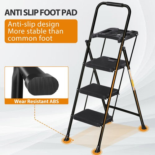 Segawe 3-Step Ladder w/ Tool Tray Portable Folding Wide Anti-Slip Step Stool Home Black