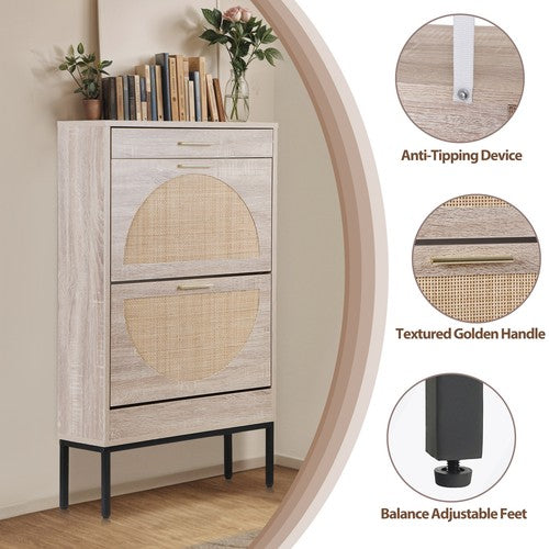 Segawe Shoe Storage Cabinet Shoe Rack Organizer with 2 Rattan Flip Drawers & Metal Legs