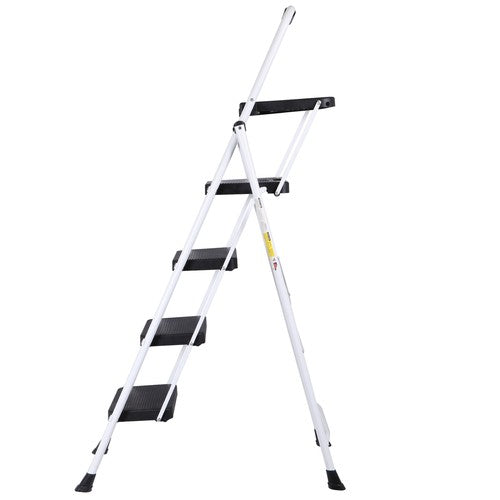 Segawe 4 Step Ladder Folding Steel Ladder with Non-Slip Wide Pedal and Tool Tray White