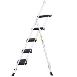 Segawe 4 Step Ladder Folding Steel Ladder with Non-Slip Wide Pedal and Tool Tray White