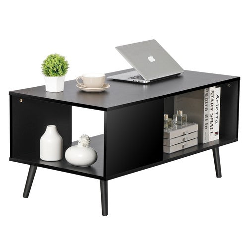 Segawe Black Coffee Table Wood Frame End Storage Stand W/ Open Storage Shelf