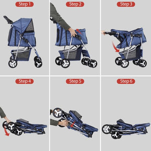 Segawe Foldable Carrier Strolling Cup Holder 4 Wheel Pet Stroller for Dog Navy Blue