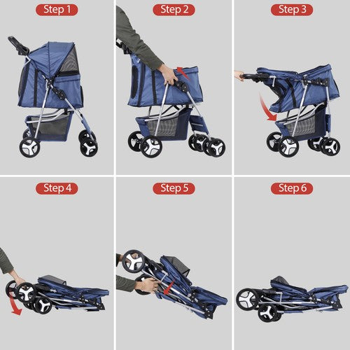 Segawe Foldable Carrier Strolling Cup Holder 4 Wheel Pet Stroller for Dog Navy Blue
