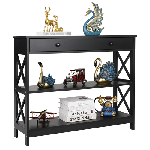 Segawe 3 Tiers Console Table w/Drawer Sofa Table Hallway Durable Storage Shelf Black
