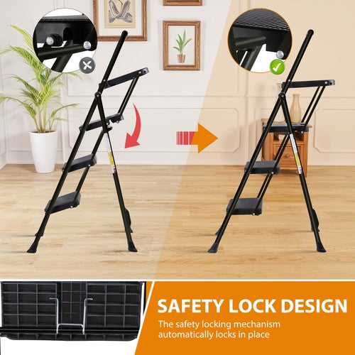 Segawe 3-Step Ladder w/ Tool Tray Portable Folding Wide Anti-Slip Step Stool Home Black