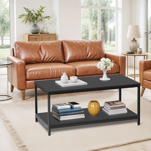 Segawe Black Coffee Table for Living Room Rectangle 2-Tier Coffee Tables with Storage