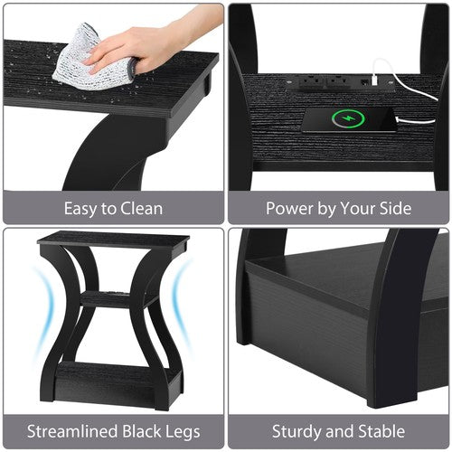 Segawe 3 Tier End Table with USB & Charging Station Black Storage Shelf for Living Room