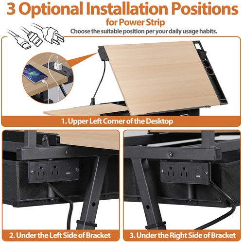 Segawe Drafting Drawing Table Tabletop Adjustable Height with Charge Outlet Natural