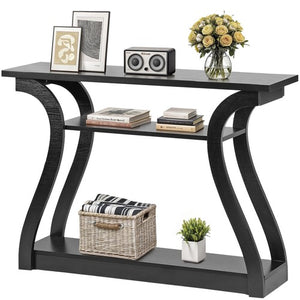 Segawe Wood Console Table 3 Tier Modern Accent Sofa Table with Curved Legs Shelf Black