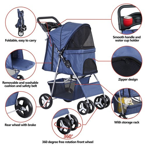 Segawe Foldable Carrier Strolling Cup Holder 4 Wheel Pet Stroller for Dog Navy Blue