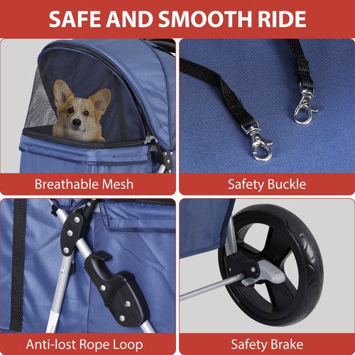 Segawe Foldable Carrier Strolling Cup Holder 4 Wheel Pet Stroller for Dog Navy Blue