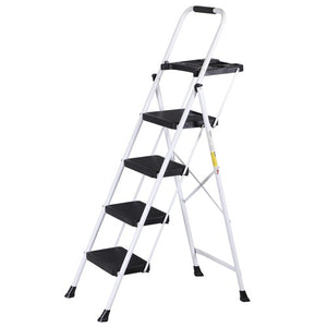 Segawe 4 Step Ladder Folding Steel Ladder with Non-Slip Wide Pedal and Tool Tray White
