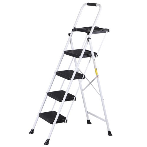 Segawe 4 Step Ladder Folding Steel Ladder with Non-Slip Wide Pedal and Tool Tray White
