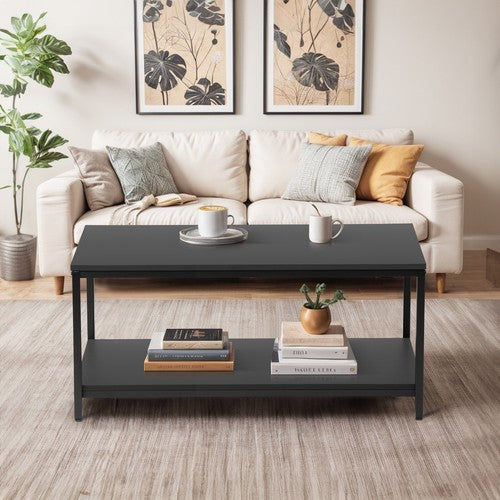 Segawe Black Coffee Table for Living Room Rectangle 2-Tier Coffee Tables with Storage