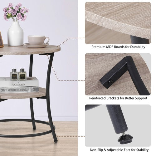 Segawe Round End Table w/ 2-Tier Storage Shelves Industrial Side Table for Living Room