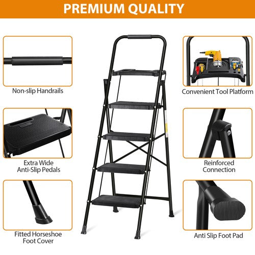 Segawe 4 Step Ladder with Tool Platform Anti-Slip Sturdy & Wide Pedal Stool 330lb Black