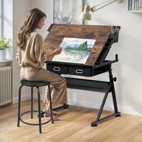 Segawe Drafting Table Drawing Desk Adjustable Tabletop w/Charging Station & Stool Retro