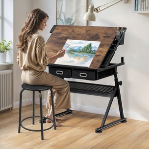 Segawe Drafting Table Drawing Desk Adjustable Tabletop w/Charging Station & Stool Retro