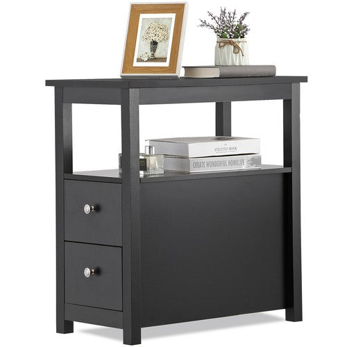 Segawe Black End Table with 2 Drawer and Open Shelf Narrow Side Table for Living Room
