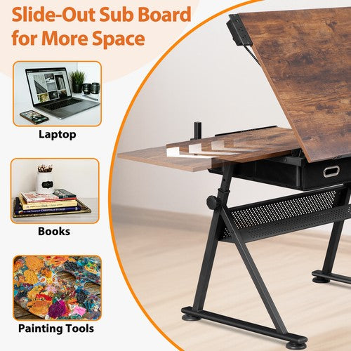 Segawe Drafting Table Drawing Desk Adjustable Tabletop w/Charging Station & Stool Retro