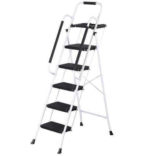 Segawe 5 Step Ladder Folding Steel Step Stoo w/Non-Slip Wide Pedal and Tool Tray White