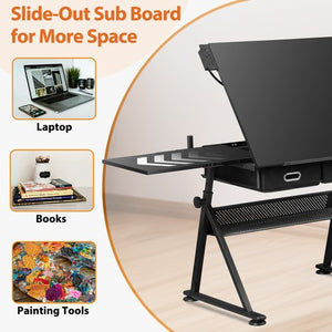 Segawe Drafting Desk Drawing Table Adjustable w/ Stool Arts & Charging Station Black