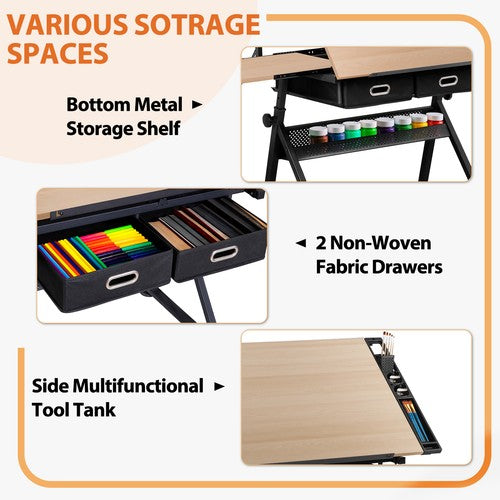 Segawe Drafting Drawing Table Tabletop Adjustable Height with Charge Outlet Natural