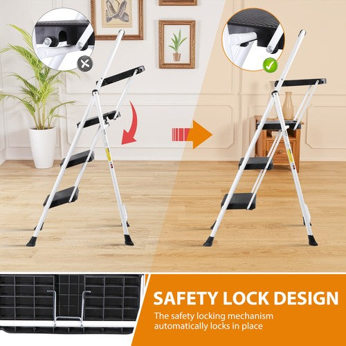 Segawe 3 Step Ladder with Tool Platform Folding Step Stool with Anti-Slip Pedal White