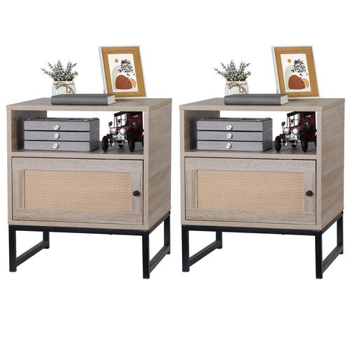 Segawe Rattan Nightstand Set of 2 End Table with Storage for Bedroom or Living Room Oak