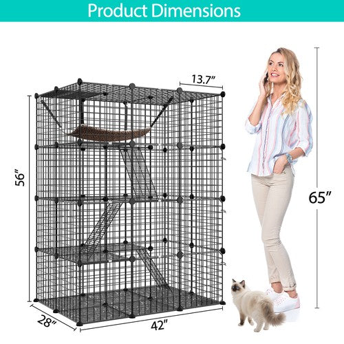 Segawe 4-Tier Cat Cage Indoor Cat Enclosures DIY Detachable Metal Cat Kennel w/Hammock