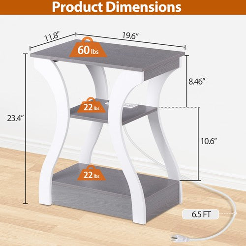 Segawe End Table with Storage Shelf and Charging Station for Living Room Gray+white