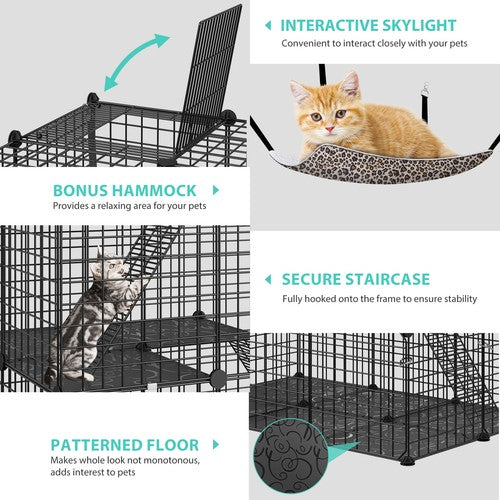 Segawe 4-Tier Cat Cage Indoor Cat Enclosures DIY Detachable Metal Cat Kennel w/Hammock