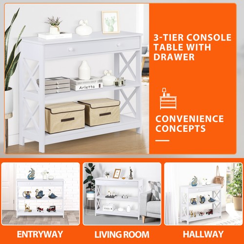 Segawe 3 Tier X Shaped Entryway Console Table with Storage Drawer Multipurpose White