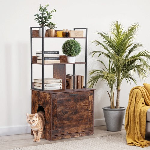 Segawe Wooden Cat Litter Box Enclosure with Shelves Cat House Washroom Cat Furniture