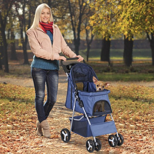 Segawe Foldable Carrier Strolling Cup Holder 4 Wheel Pet Stroller for Dog Navy Blue
