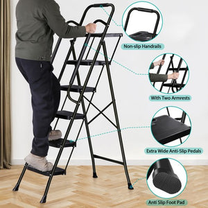 Segawe 5 Step Ladder w/ Handrails Folding Step Stool Anti-Slip Pedal w/Tool Tray Black