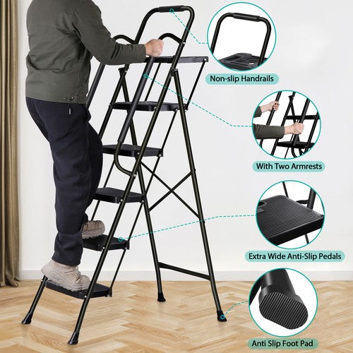 Segawe 5 Step Ladder w/ Handrails Folding Step Stool Anti-Slip Pedal w/Tool Tray Black