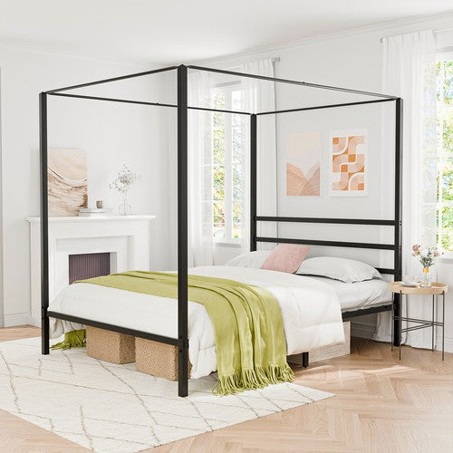 Segawe Metal Canopy Platform Bed Frame Queen Size Four-Poster w/Headboard Slat Support