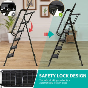 Segawe 5 Step Ladder w/ Handrails Folding Step Stool Anti-Slip Pedal w/Tool Tray Black