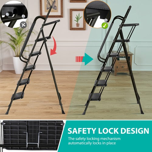 Segawe 5 Step Ladder w/ Handrails Folding Step Stool Anti-Slip Pedal w/Tool Tray Black