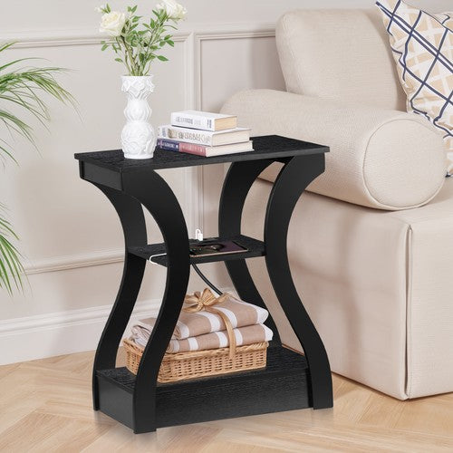 Segawe 3 Tier End Table with USB & Charging Station Black Storage Shelf for Living Room