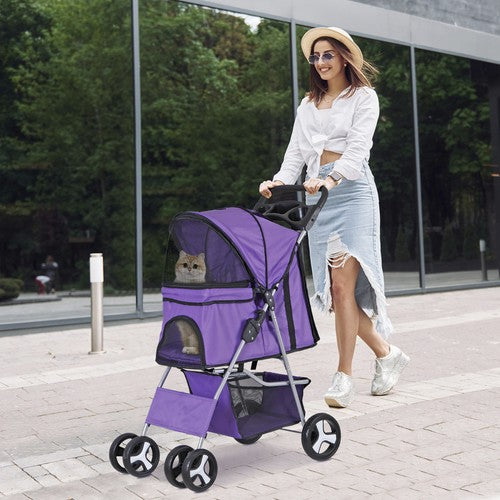 Segawe Pet Stroller 4 Wheels Dog Cat Stroller Foldable Pet Stroller w/Cup Holder Purple