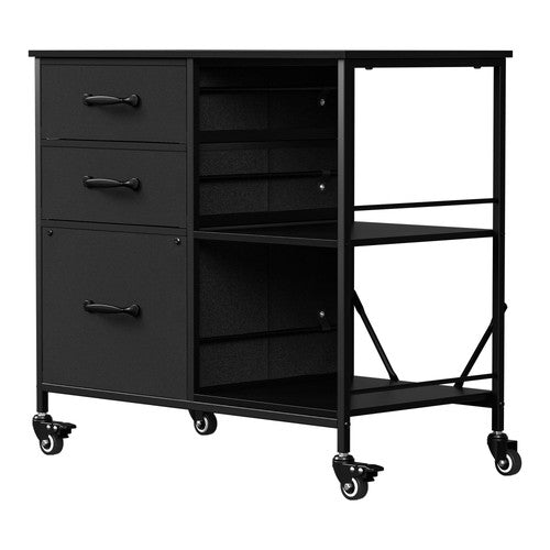 Segawe Black Mobile File Cabinet Lockable Filing Storage w/ 3 Drawers & Open Shelves
