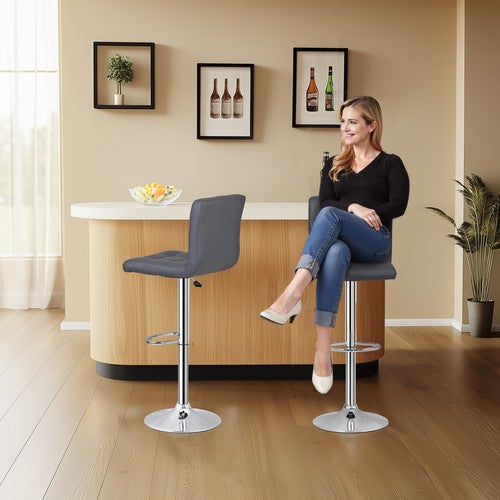 Segawe Set of 2 Adjustable Bar Stools PU Leather Modern Dinning Chair with Back Gray