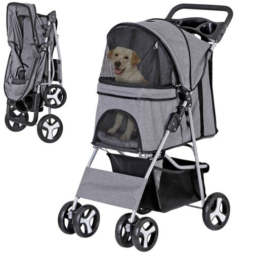 Segawe Foldable Carrier Strolling Cart 4 Wheel Pet Stroller for Dog w/ Cup Holder Gray