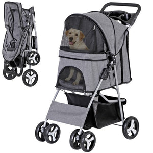 Segawe Foldable Carrier Strolling Cart 4 Wheel Pet Stroller for Dog w/ Cup Holder Gray