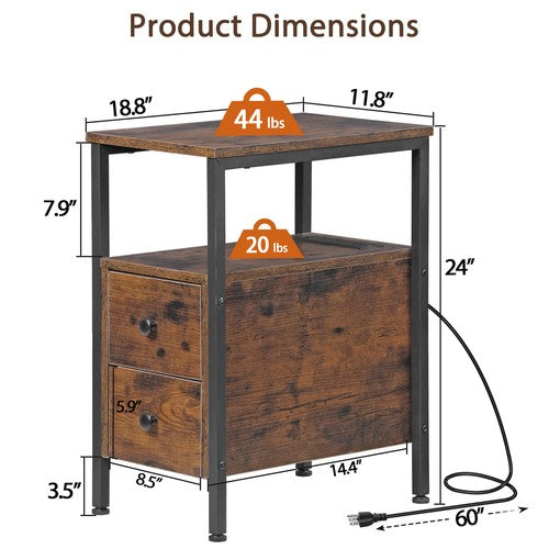Segawe 24 inch Narrow Side End Table with Drawers and Charging Station for Living Room