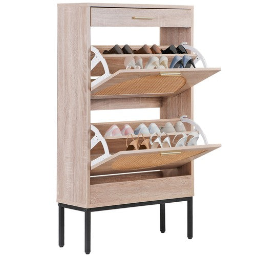 Segawe Shoe Storage Cabinet Shoe Rack Organizer with 2 Rattan Flip Drawers & Metal Legs